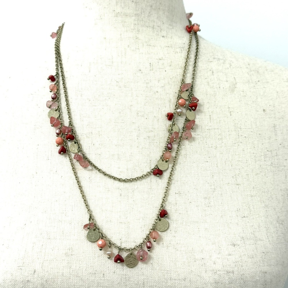 NWT Lia Sophia 38" Necklace, Gold Tone chain with gold, Pink, Red, Pearl Beads